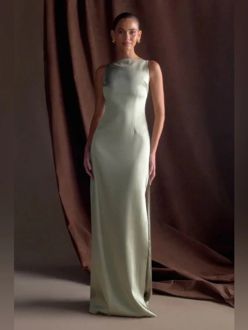 Meshki Sage Green Satin Maxi Dress Sleeveless Boat Neck Elegant Gown Small - Picture 1 of 10